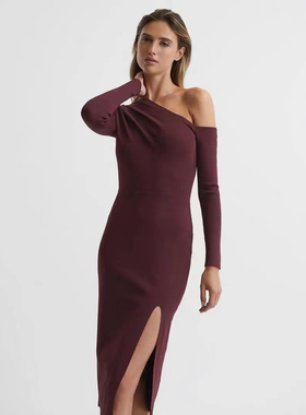 女神款 英国小众Reis*纯尾气质斜肩修身包臀长袖开衩针织连衣裙