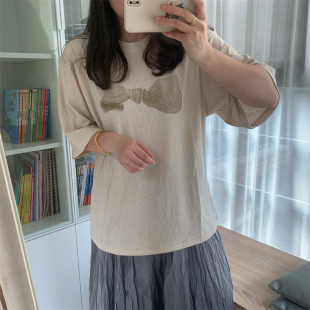 体感太舒服CS肤感麻里棉空气酶洗立体蝴蝶结印花+樱桃宽松短袖T恤