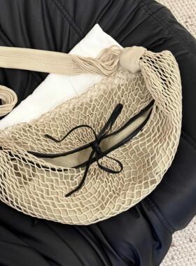 THREE新品网红同款时尚百搭撞色网兜编织牛角设计单肩斜挎包包