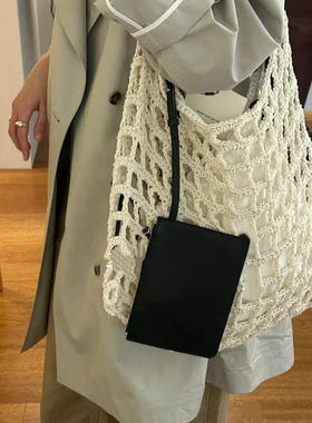 THREE新品网红同款时尚百搭撞色手工编织网兜设计小众单肩包包