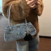 时尚 THREE新品 网红同款 百搭口袋牛仔做旧休闲设计手提单肩包包女