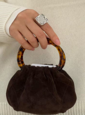 THREE新品网红同款时尚百搭麂皮福袋形状凹造型小众设计手提包包