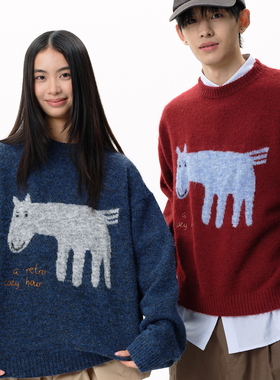 roaringwild a arch咆哮野兽撞色小马情侣款宽松绵羊毛圆领毛衣男