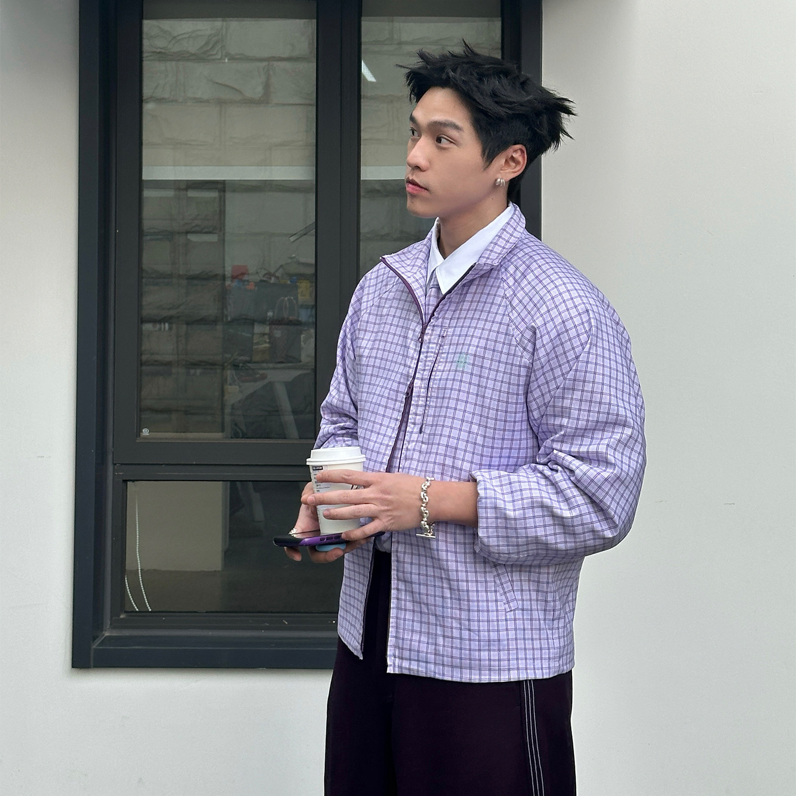 roaringwild a arch 咆哮野兽 紫色格纹双拉链休闲轻薄夹克外套男