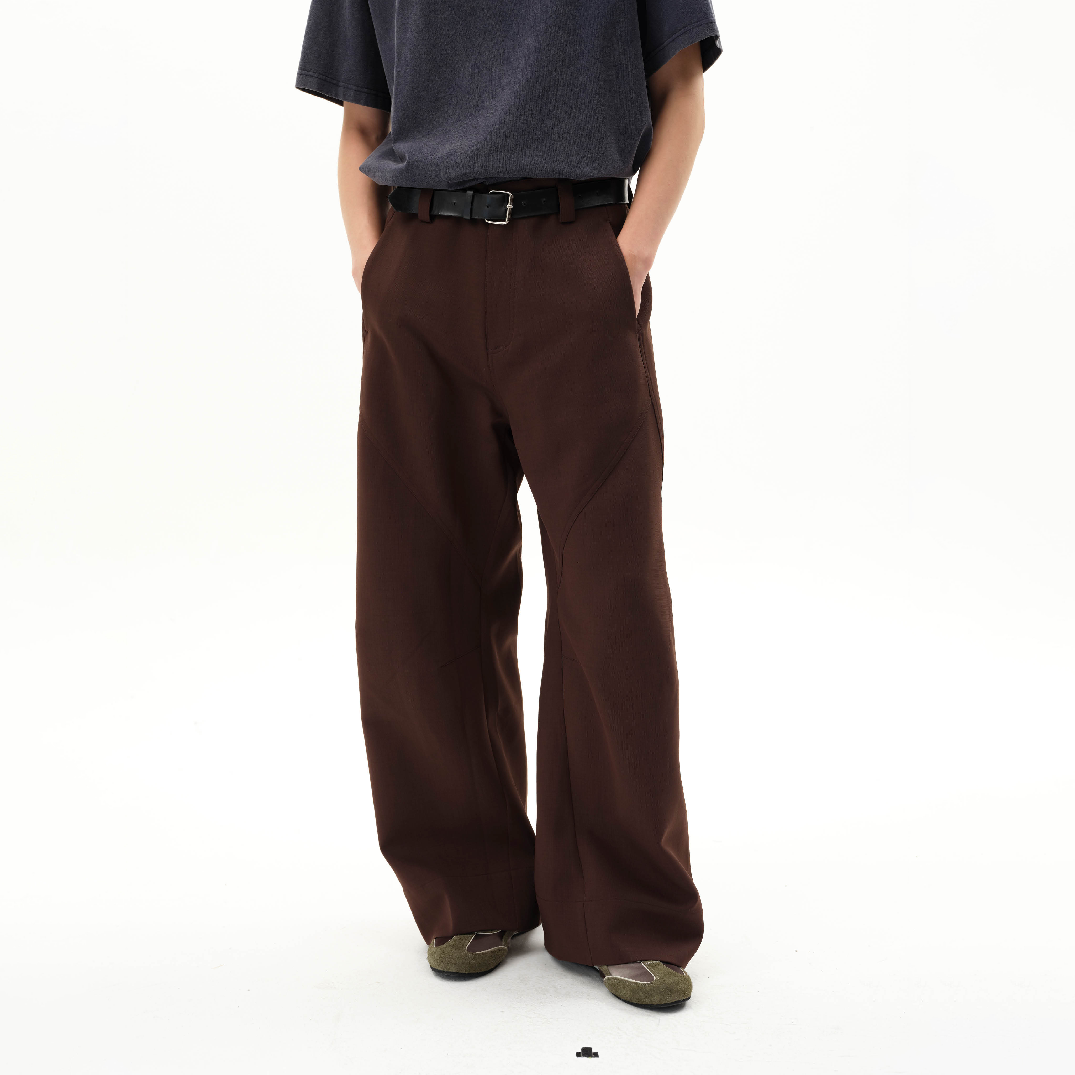 roaringwild棕色弯刀宽松西装裤