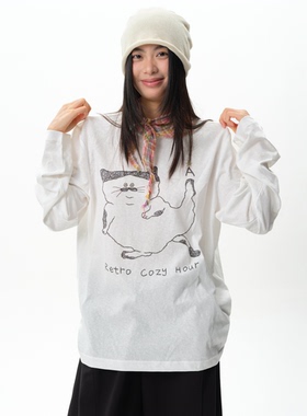 roaringwild a arch咆哮野兽 白色猫咪印花雪花棉基础长袖T恤上衣