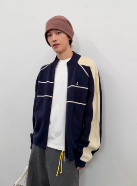 roaringwild a arch咆哮野兽撞色拼接情侣开衫外套美式拉链毛衣男