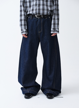 ROARINGWILD 主线系列 靛蓝色水洗宽松弯刀牛仔长裤
