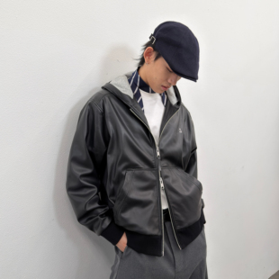 黑色皮夹克上衣美式 roaringwild 咆哮野兽 arch 连帽皮衣外套男