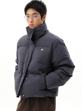 roaringwild a arch 咆哮野兽 藏蓝色立领格子外套宽松面包羽绒服