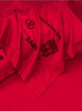 WI25中式喜字婚庆四件套大红色床单被套结婚床上用品婚房