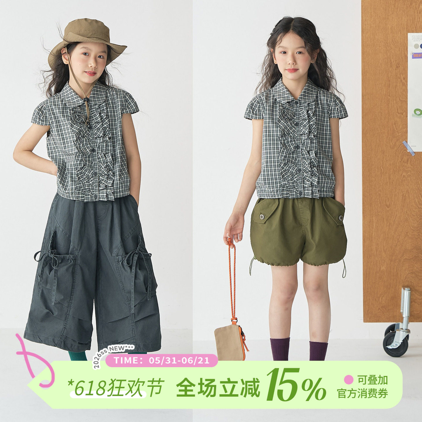 OLAMIMI夏亲子女童甜美复古细格木耳边娃娃领短袖衬衫短款上衣