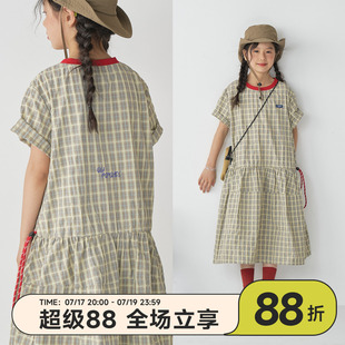 OLAMIMI夏亲子女童轻氧麦麸格撞色娃娃裙刺绣抽绳A字休闲度假裙