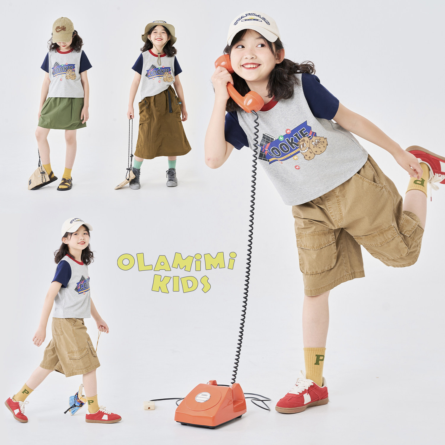 OLAMIMI定制2025夏 亲子撞色复古趣味曲奇印花休闲修身短袖T恤