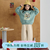 OLAMIMI儿童亲子2025冬栗木绿卡通印花落肩加绒保暖宽松休闲卫衣