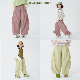 長(zhǎng)褲 OLAMIMI定制2024秋 親子兩色中性簡(jiǎn)約特色壓褶工裝 休閑傘兵褲