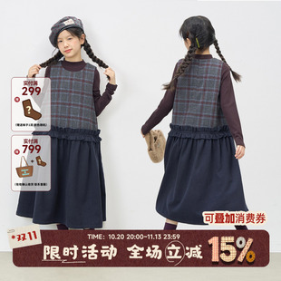 OLAMIMI秋冬女童亲子文艺羊毛格纹毛呢木耳边圆领无袖连衣裙