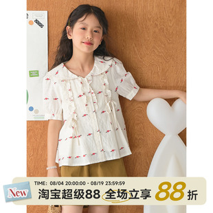 OLAMIMI夏亲子女童小绯花娃娃领碎花短袖衬衫女童法式田园风上衣