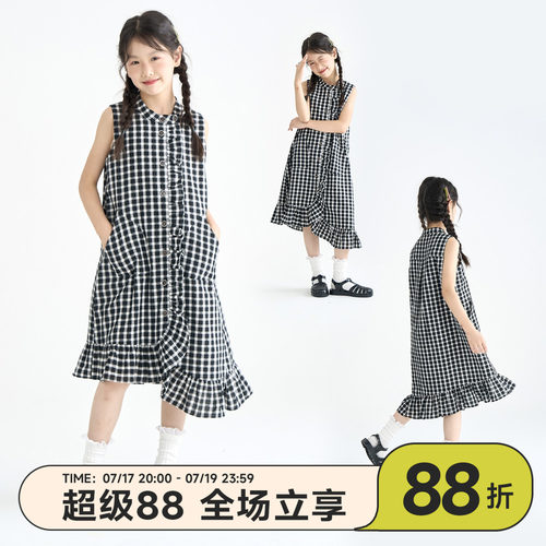 OLAMIMI女童黑白格纹荷叶边连衣