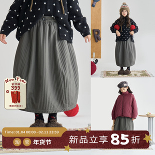 OLAMIMI儿童亲子2025冬鼠尾草灰绿日系褶皱肌理感花苞裙中长半裙