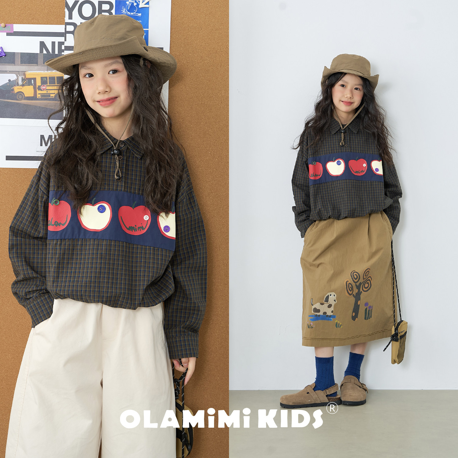 OLAMIMI秋 中大童亲子创意苹果印花 森野拼格纽扣装饰短款衬衣