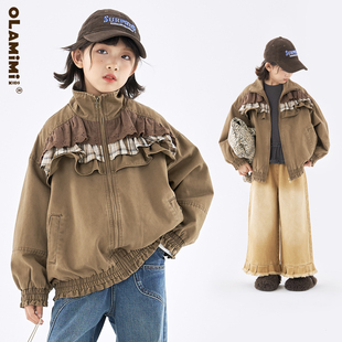 OLAMIM儿童亲子美式复古小众设计蝙蝠袖格纹拼布立领工装外套夹克