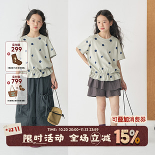 OLAMIMI夏亲子女童温柔烟波豆灰绿波点抽绳收腰荷叶边短袖T恤上衣