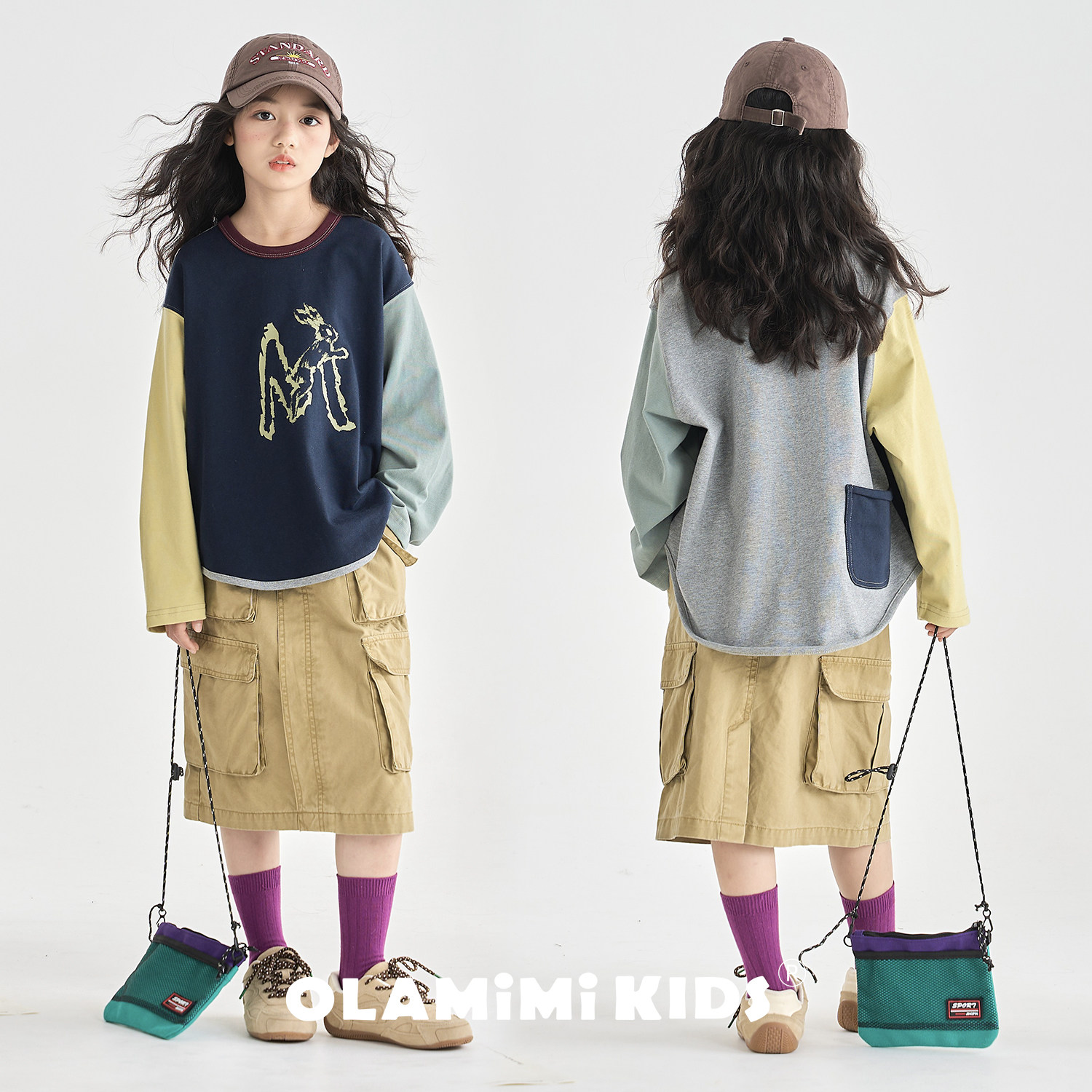 OLAMIMI儿童亲子2026春个性兔子印花复古拼色设计纯棉圆领卫衣T恤