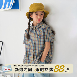 OLAMIMI夏亲子女童英伦学院风复古中性彩格小猫刺绣轻薄短袖衬衫