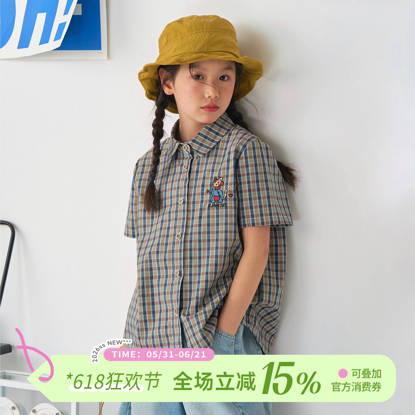 OLAMIMI夏亲子女童英伦学院风复古中性彩格小猫刺绣轻薄短袖衬衫