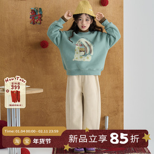 OLAMIMI儿童亲子2025冬栗木绿卡通印花落肩加绒保暖宽松休闲卫衣
