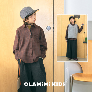 OLAMIMI儿童亲子秋冬复古棕红格纹磨毛翻领休闲宽版长袖衬衫