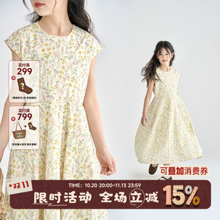 OLAMIMI夏亲子女童柔光黄包袖碎花连衣裙文艺法式度假长裙