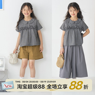 OLAMIMI夏亲子女童暮烟格抽褶花边娃娃领短袖衬衫法式复古上衣