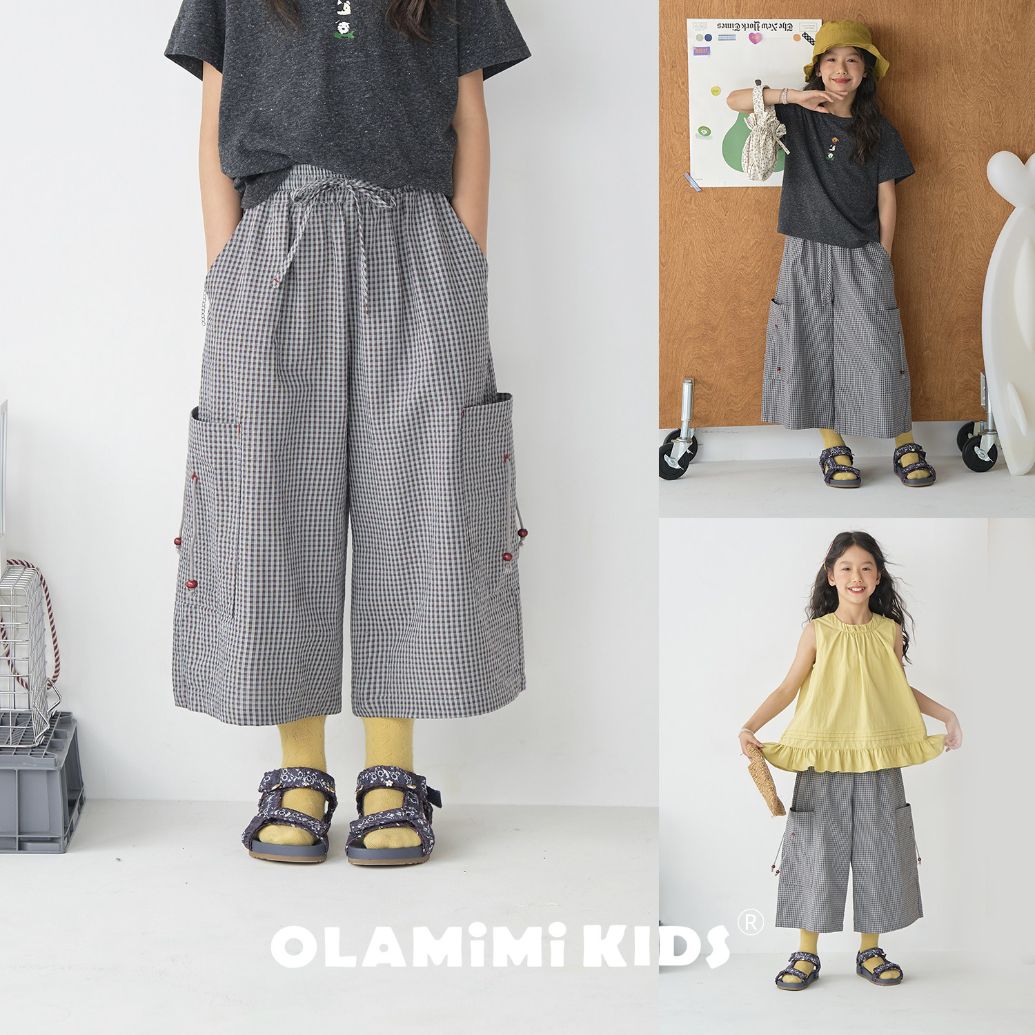 OLAMIMI女童日系格纹七分裤