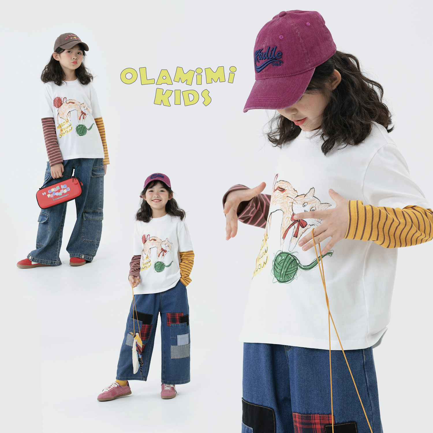 长袖假两件圆领卡通印花T恤