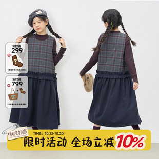OLAMIMI秋冬女童亲子文艺羊毛格纹毛呢木耳边圆领无袖连衣裙