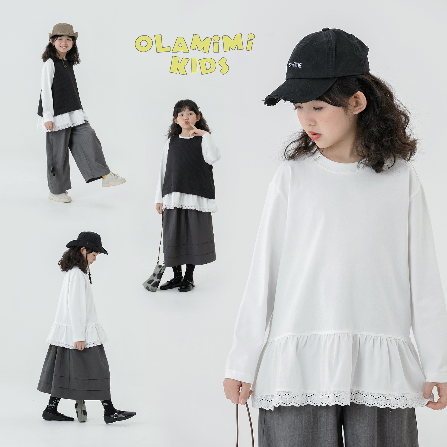 拼接木耳边蕾丝多层次打底长袖T