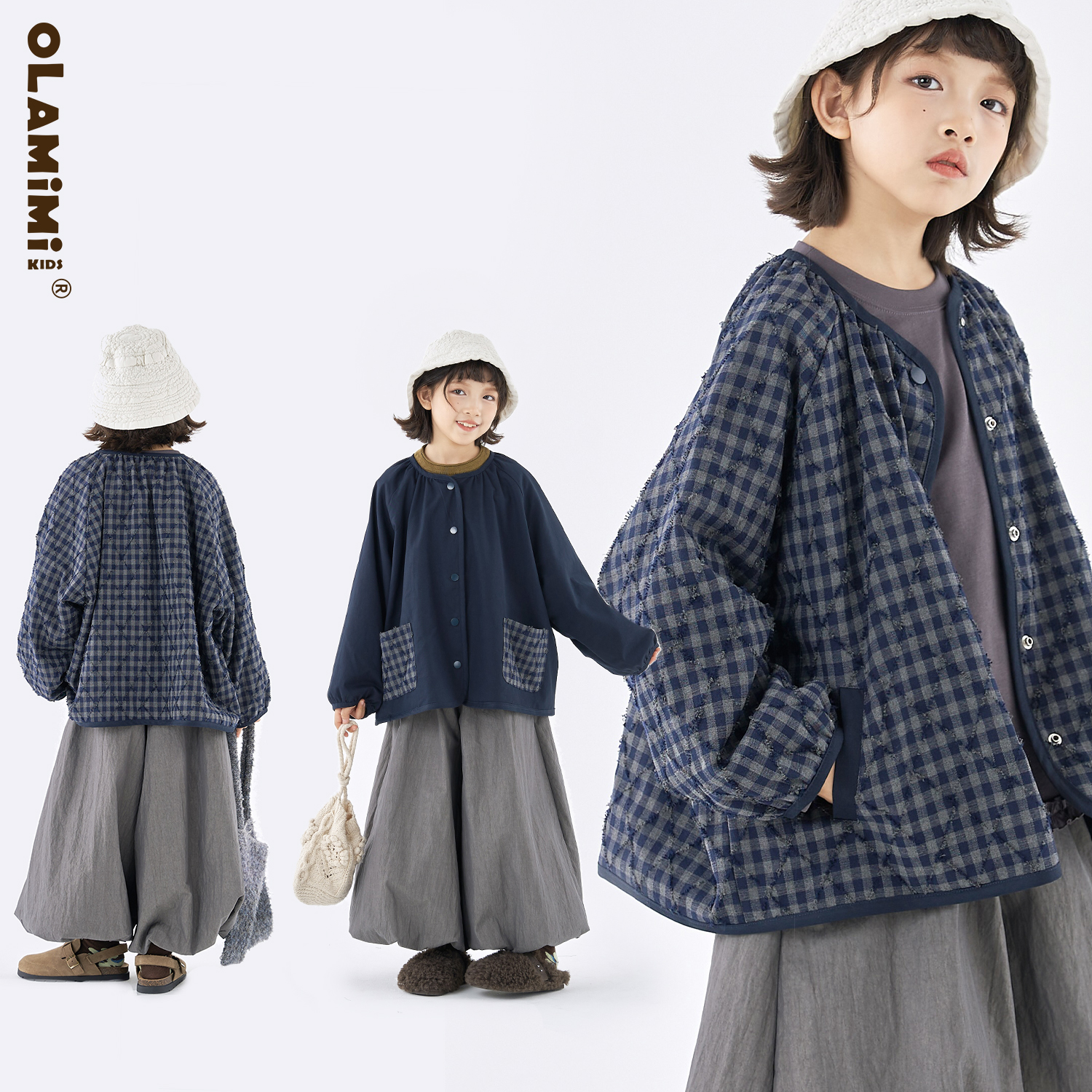 双面穿日式小众格纹拼布开衫外套