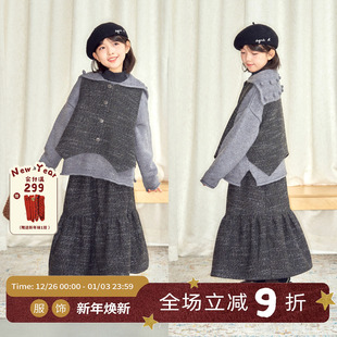 OLAMIMI儿童亲子2025冬不规则下摆毛呢马甲 荷叶边粗半裙花呢套装