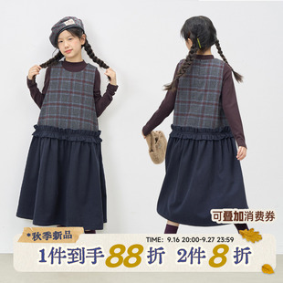 OLAMIMI秋冬女童亲子文艺羊毛格纹毛呢木耳边圆领无袖连衣裙