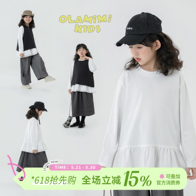 拼接木耳边蕾丝多层次打底长袖T