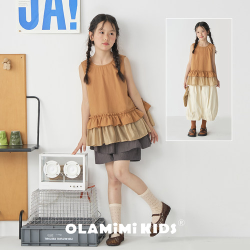 OLAMIMI夏亲子女童森系荷叶边度假无袖拼接透纱轻薄A字上衣无袖衫