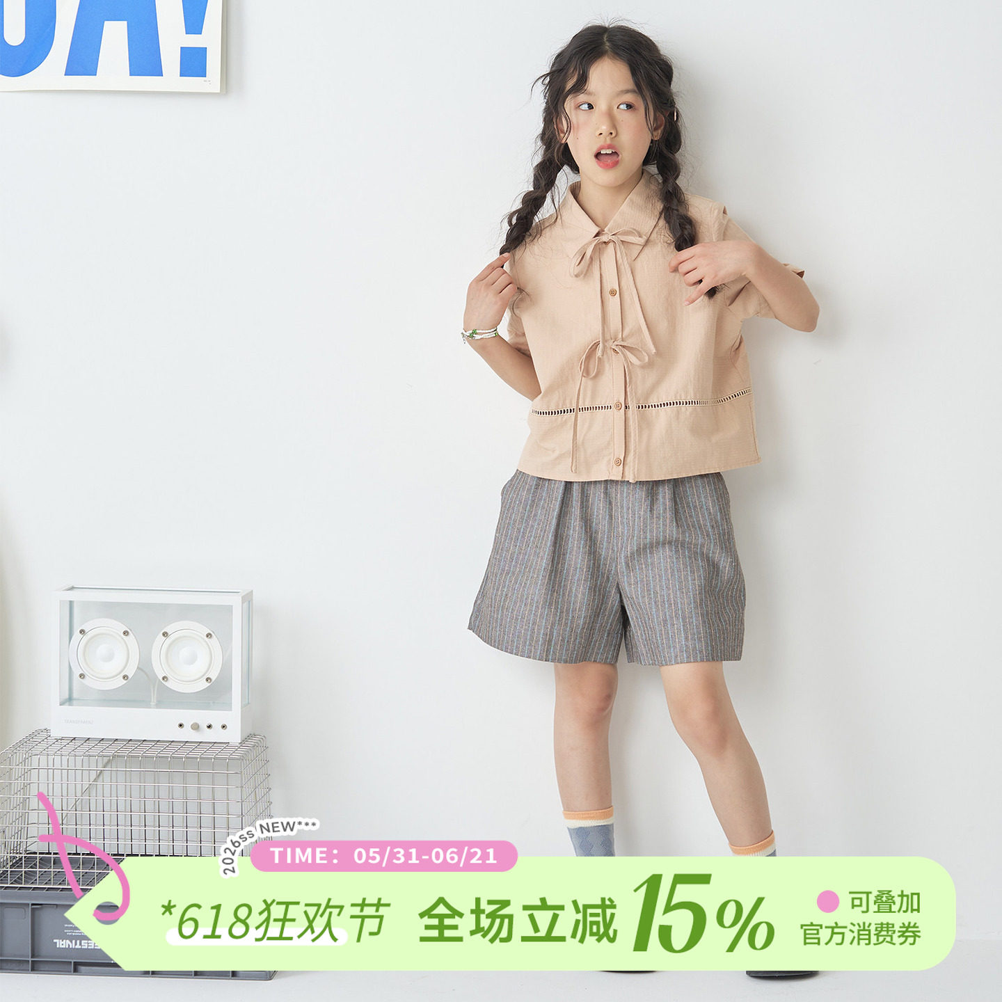 OLAMIMI儿童亲子2026夏甜系少女蝴蝶结绑带镂空短袖翻领衬衫上衣
