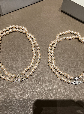 双层珍珠复古中古气质镶嵌镀金满钻土星项链choker