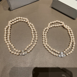 双层珍珠复古中古气质镶嵌镀金满钻土星项链choker