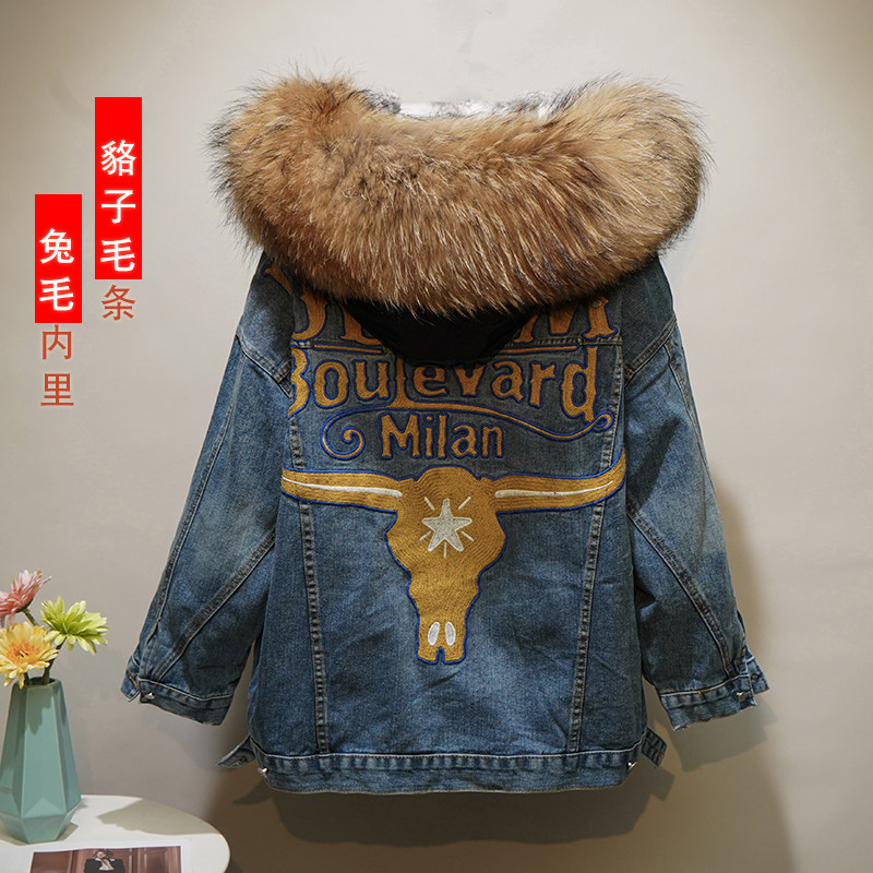 冬季宽松派克棉服女通勤新款韩版百搭加厚加绒貉子大毛领牛仔外套