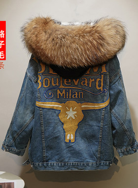 新款加厚貉子毛领牛仔棉服