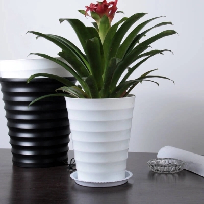 加厚加高白色塑料花盆仿陶瓷圆形螺纹树脂大绿植花盆特大号送托盘