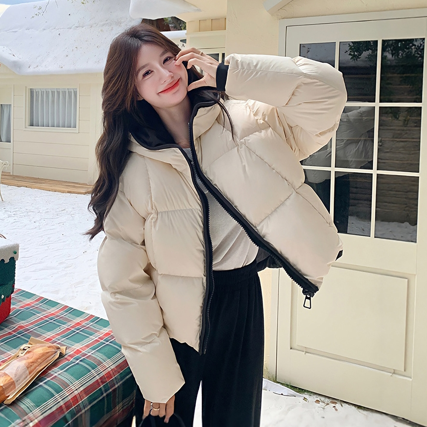 撞色泡芙棉服女连帽面包服外套